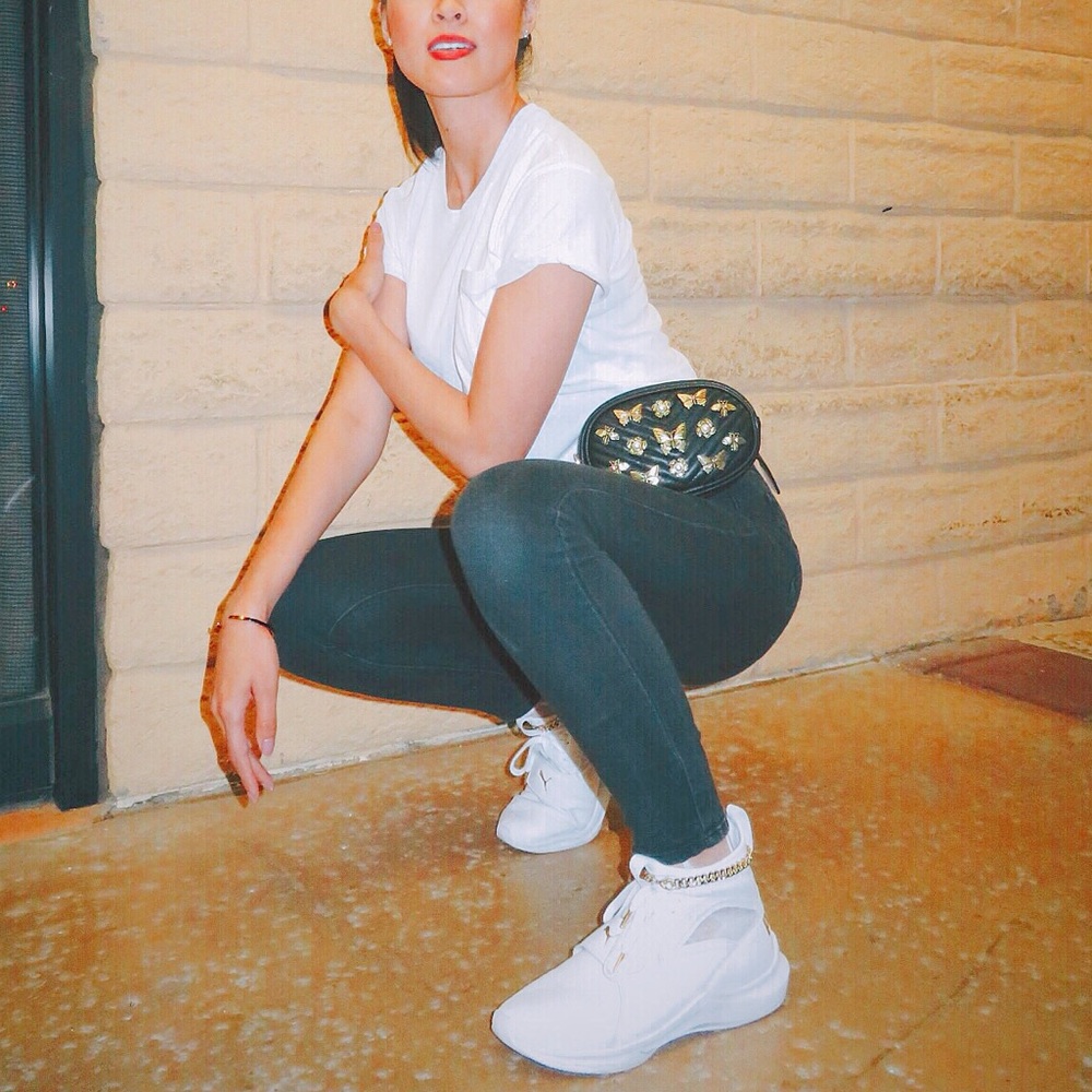 STEVEN MADDEN W-Bugged Bronze Butterfly Pearl Flowers Black Belt Bag Fanny Pack - Picture 5 of 15
